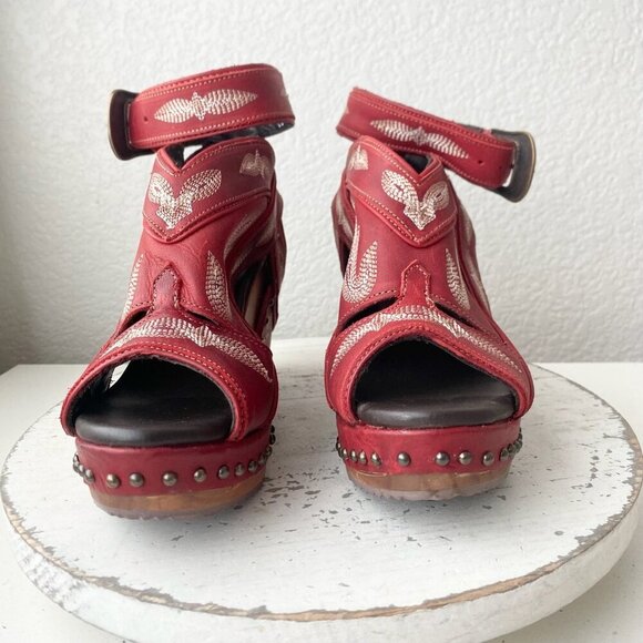 Lane Boots LEXINGTON Womens Red Wedges 6 Western Sandals Cowgirl Wooden Heels - Picture 5 of 11